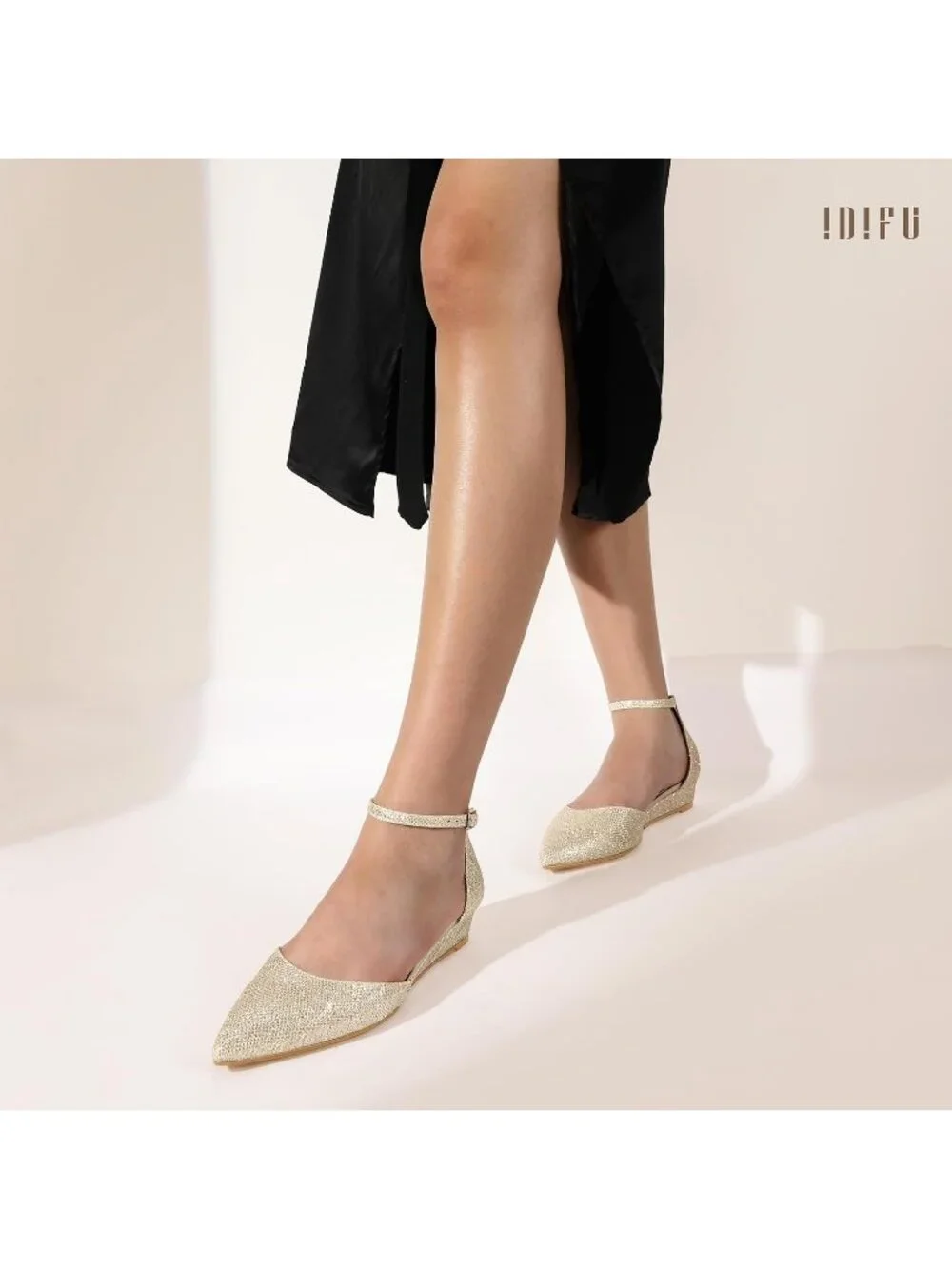 Women's Gold Glitter Low Wedge Closed Pointed Toe Adjustable Ankle Strap Shoes